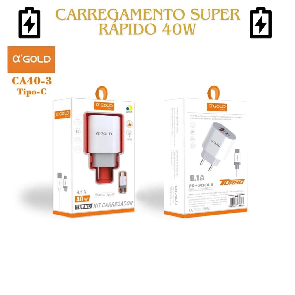 Kit Carregador + Cabo Gold Super Rápido 40w 9.1A Turbo Iphone  Lightning Tipo C V8 Anatel Original