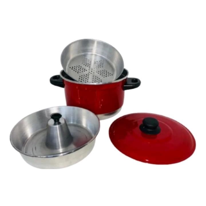 Panela caçarolas Banho Maria Panela a Vapor 3 Em 1 Forma Pudim Aluminio Collor Vermelho e Preto