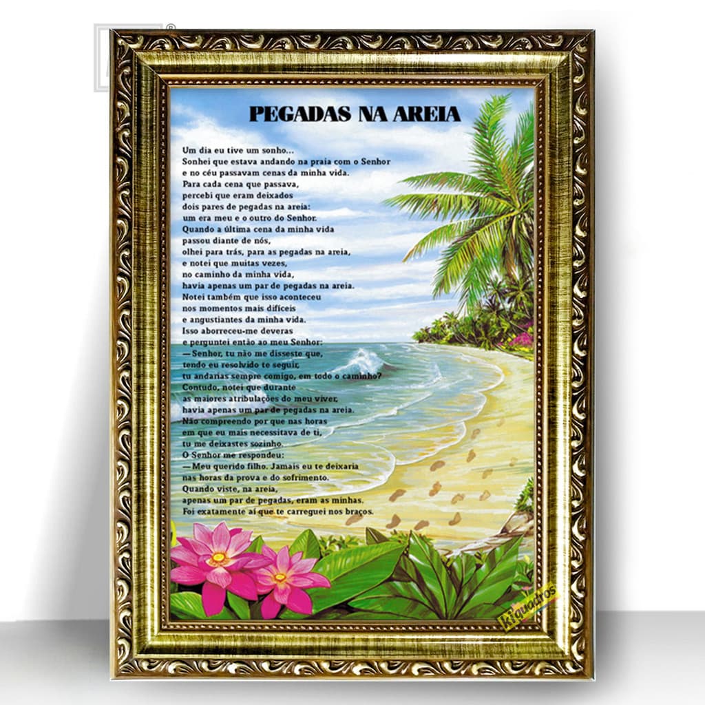 Quadro Moldura Trabalhada Pegadas Na Areia Bíblico 47x35cm
