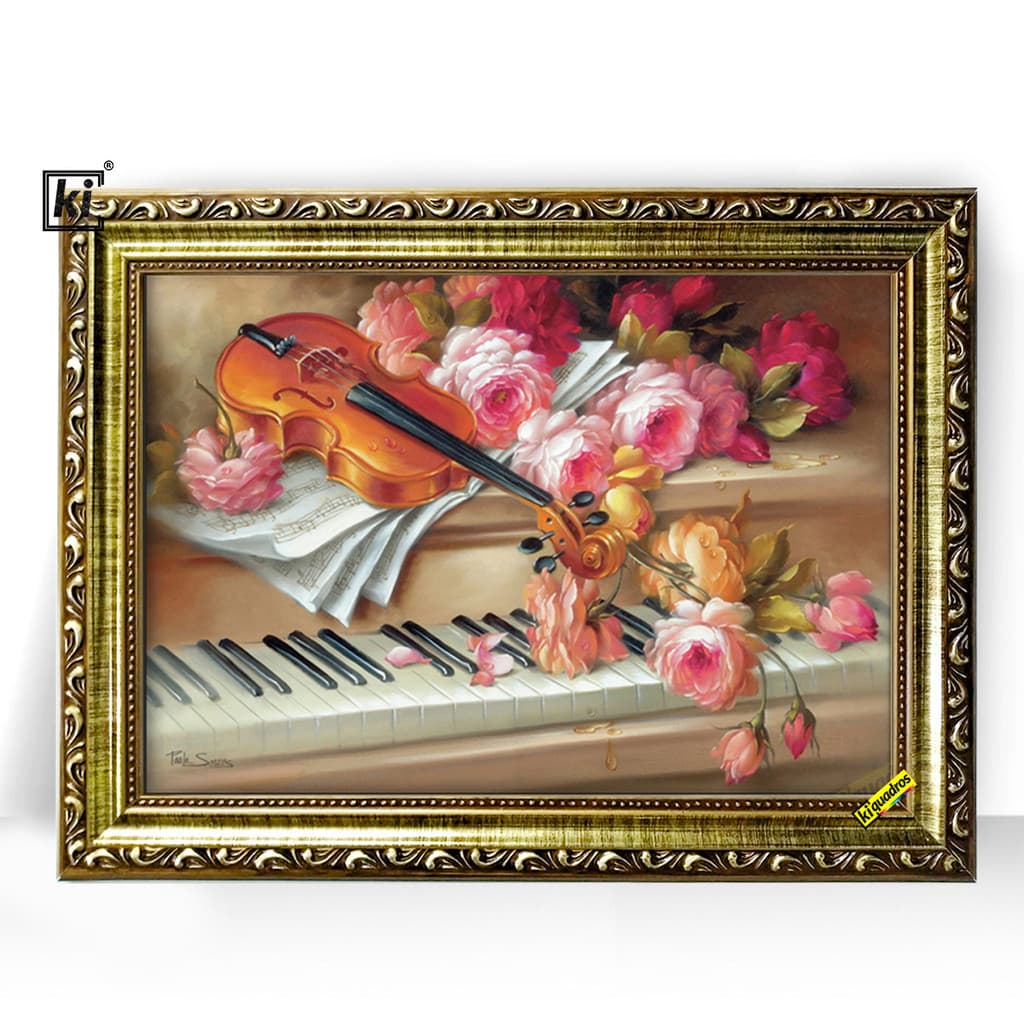 Quadro Moldura Trabalhada Flores Piano Violino 47x35cm