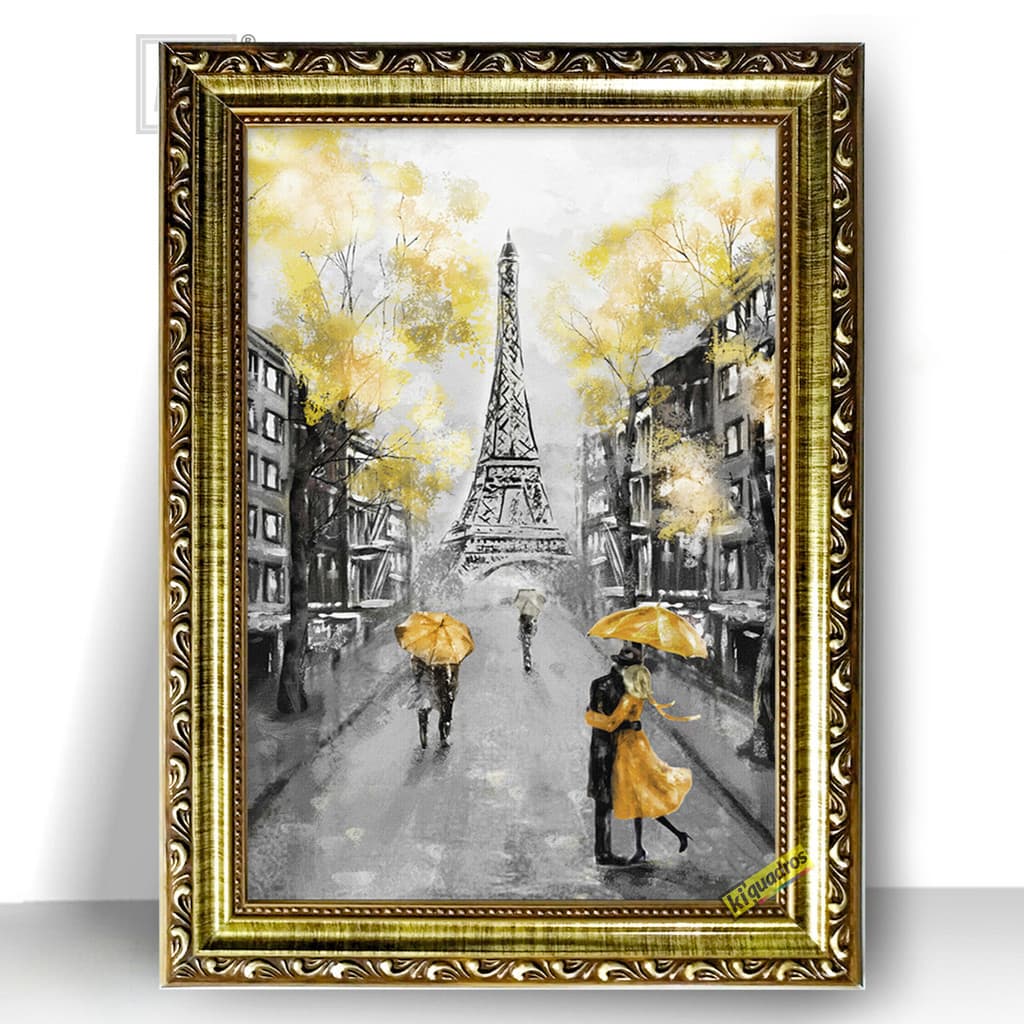 Quadro Moldura Trabalhada Paisagem Torre Eiffel Pb Amarelo 47x35cm