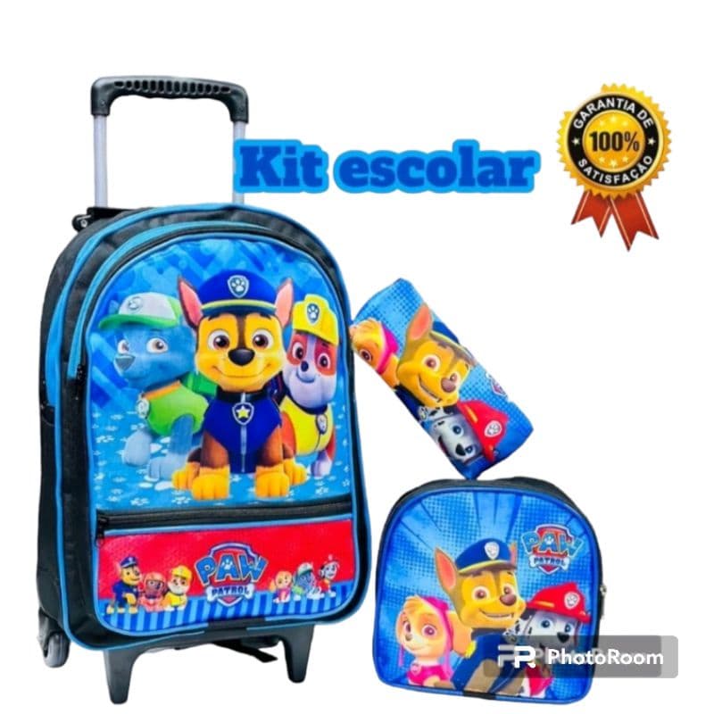 Kit Mochila Infantil Escolar com Rodinhas de Silicone do Menino Patrulha Canina+ Lancheira + Estojo