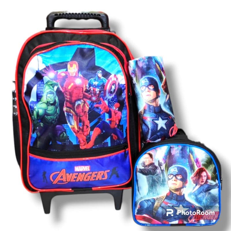 Kit Mochila Infantil Escolar com Rodinhas de Silicone do Menino Vingadores + Lancheira + Estojo