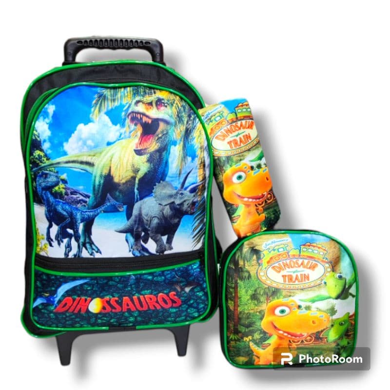 Kit Mochila Infantil Escolar com Rodinhas de Silicone do Menino Dinossauro + Lancheira + Estojo