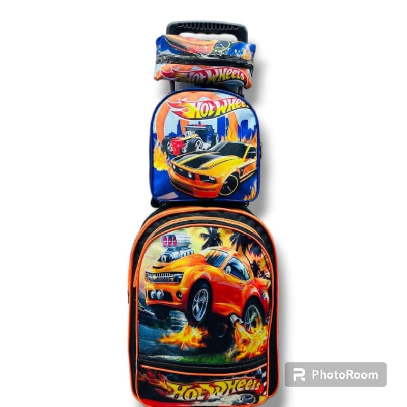 Kit Mochila Infantil Escolar com Rodinhas de Silicone do Menino Hotwheels + Lancheira + Estojo