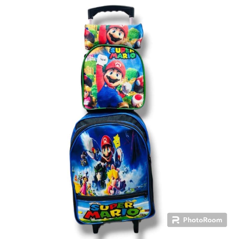 Kit Mochila Infantil Escolar com Rodinhas de Silicone do Menino Mário + Lancheira + Estojo