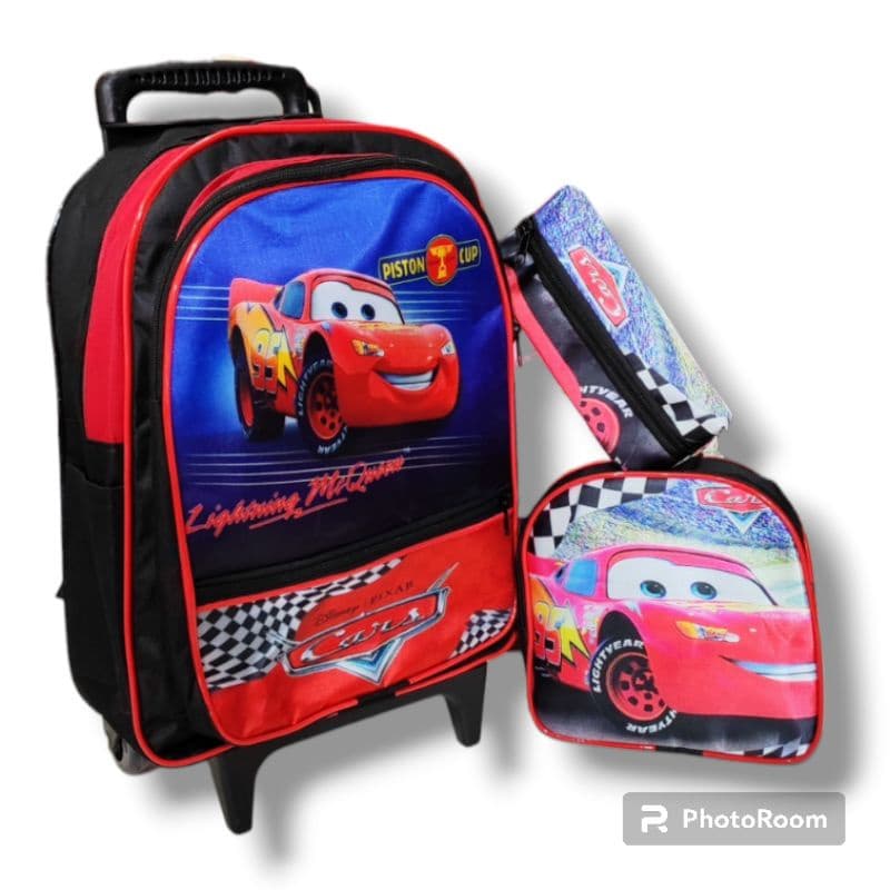Kit Mochila Infantil Escolar com Rodinhas de Silicone do Menino Carros + Lancheira + Estojo