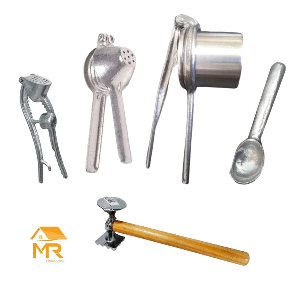 Kit Utensílios de Cozinha Amassadores de Batata Alho Espremedor de Limão Colher de Sorvete e Martelo de Amaciar Carne