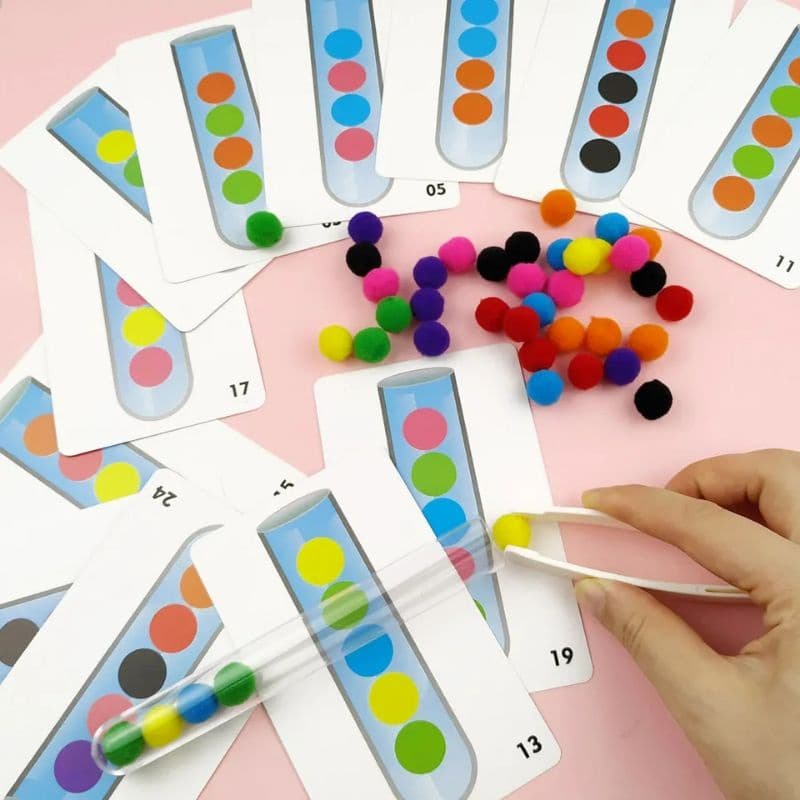 kit sequência de cores pinça+tubo+pompons