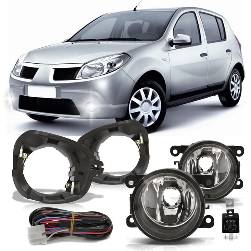 Kit Par Farol Milha Auxiliar Sandero 2007 2008 2009 2010 + Par Suporte Milha Botão Universal