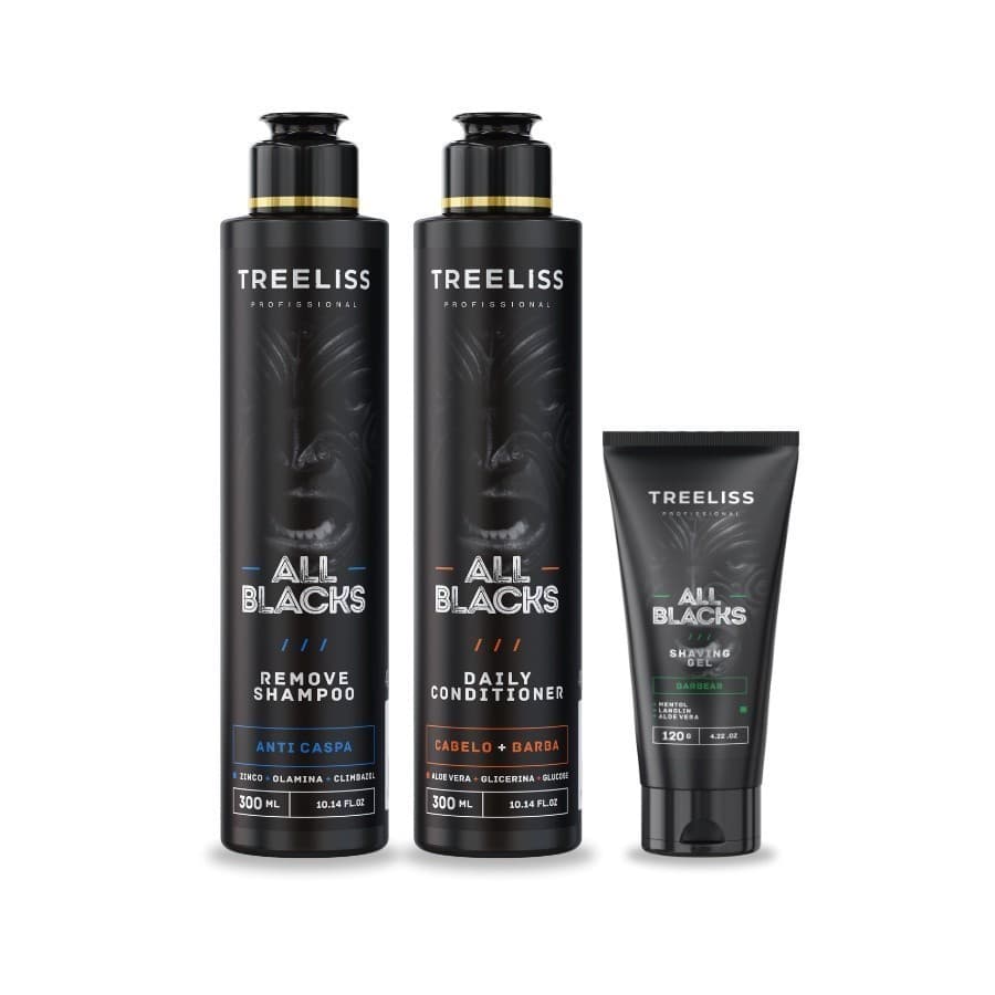 Kit All Black Masculino Barba e Cabelo Cuidados Treeliss