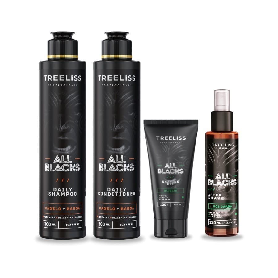 Kit All Black Masculino Barba e Cabelo Cuidados Treeliss