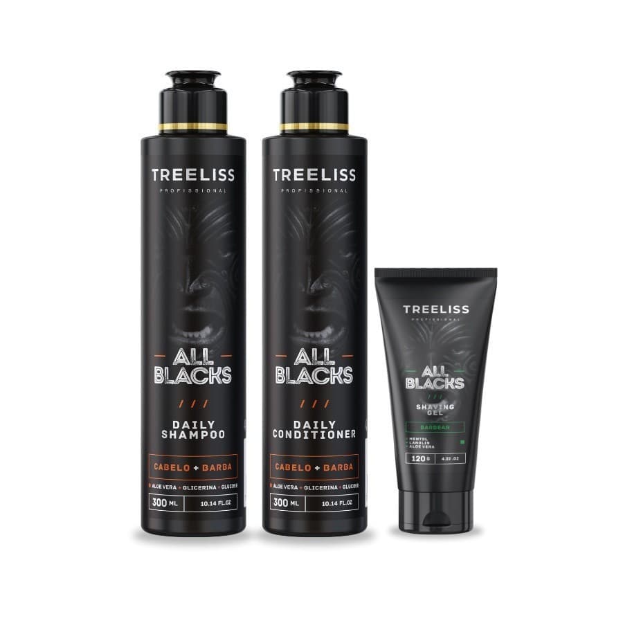 Kit All Black Masculino Barba e Cabelo Cuidados Treeliss