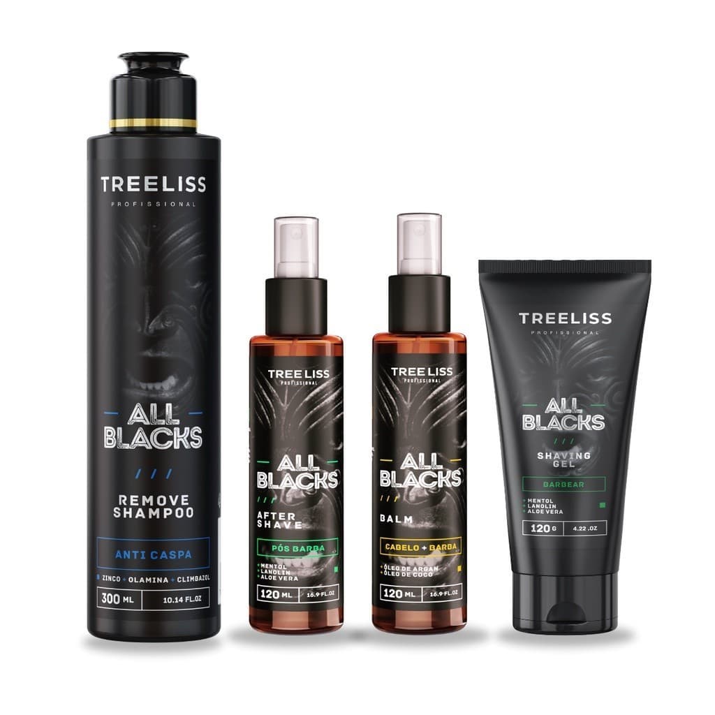 Kit All Black Masculino Barba e Cabelo Cuidados Treeliss