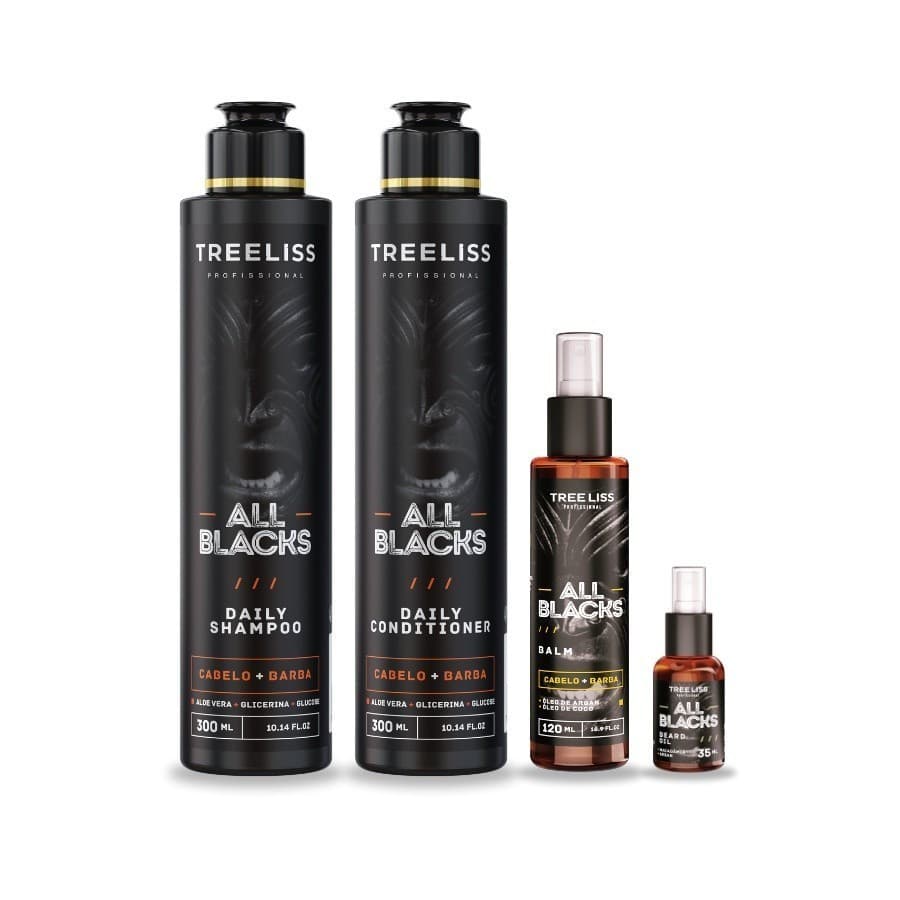 Kit All Black Masculino Barba e Cabelo Cuidados Treeliss