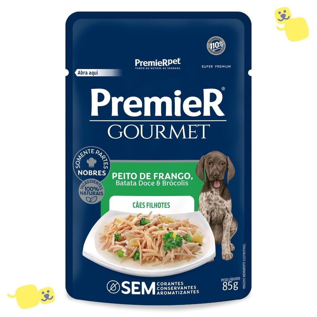 Kit 20unidades Sachê Premier Gourmet Cães Filhotes Alimento Úmido Frango Batata Doce Brócolis 85g