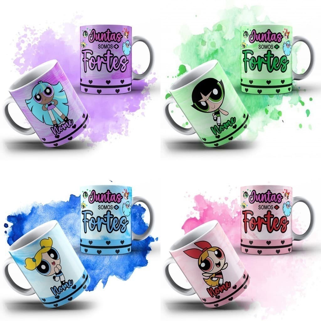Kit 4 Canecas Garotas Super Poderosas Lindinha Florzinha Docinho Estrelinha Personalizada Com Nome