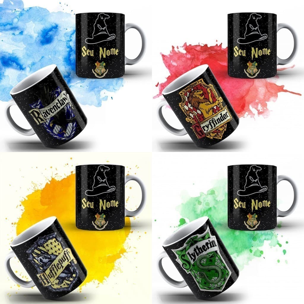 Caneca Harry Potter Casas e Brasões Personalizada Com Nome Grifinória Lufa Lufa Corvinal Sonserina