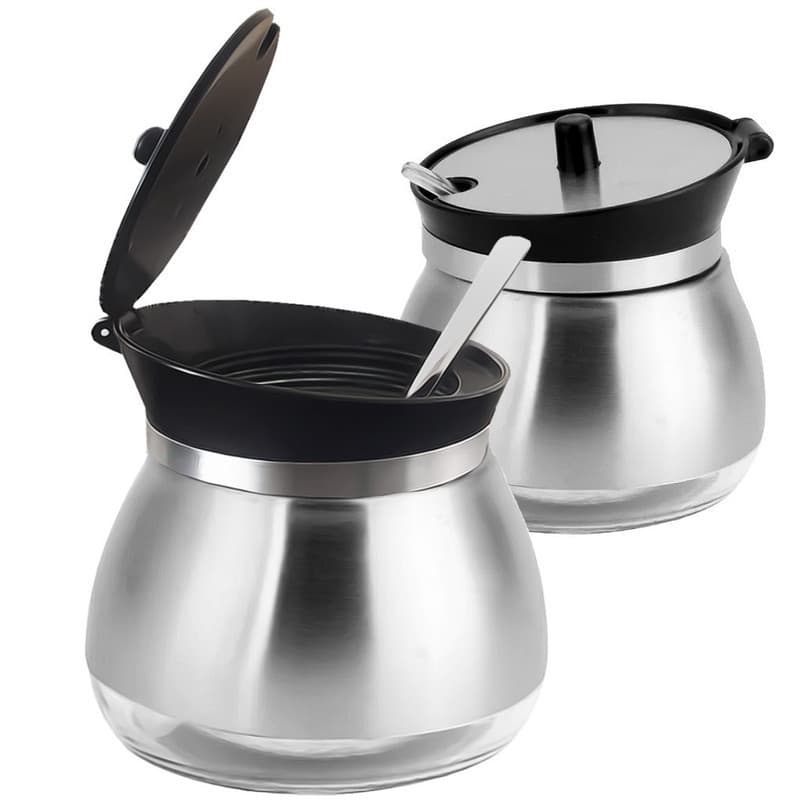 REAL STORE INFINITY .Açucareiro De Vidro Com Tampa E Colher Revestido Em Aço Inox