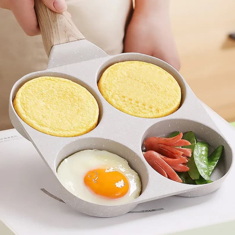 Frigideira Panela Multifuncional Antiaderente 4 em 1 Ovos Hambúrguer Omelete Carne Frita Com Alça De Madeira Com Fundo Comeia Não Gruda