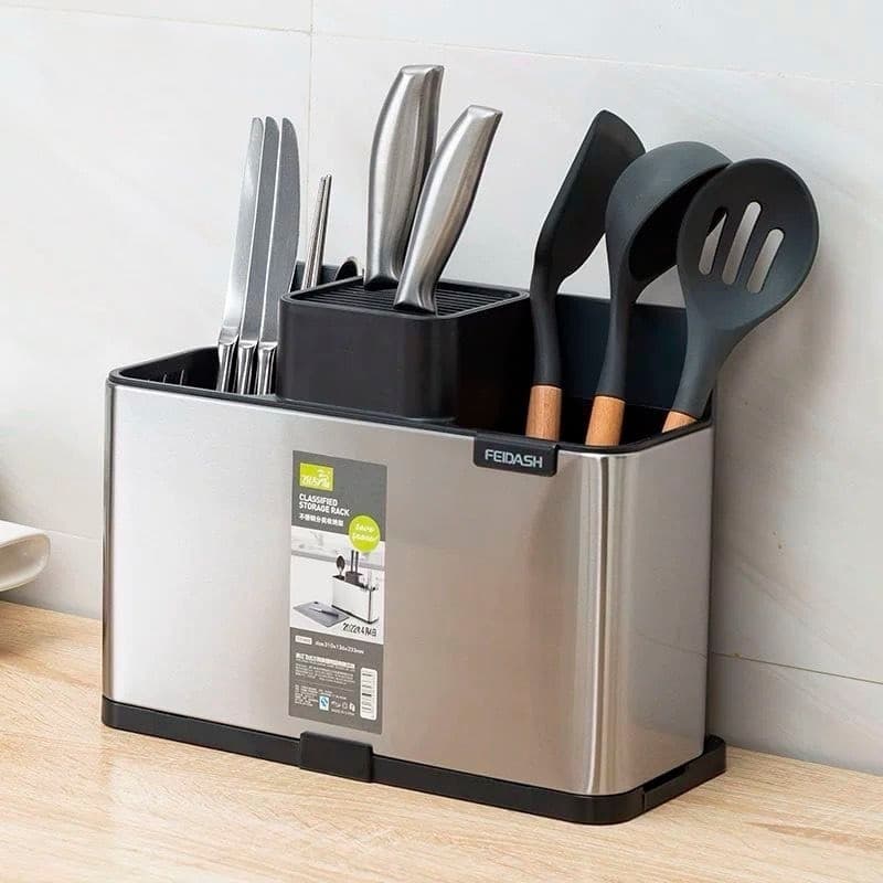 Organizador de Utensílios de Cozinha em Aço Inoxidável com Divisórias Removíveis e Base Antiderrapante