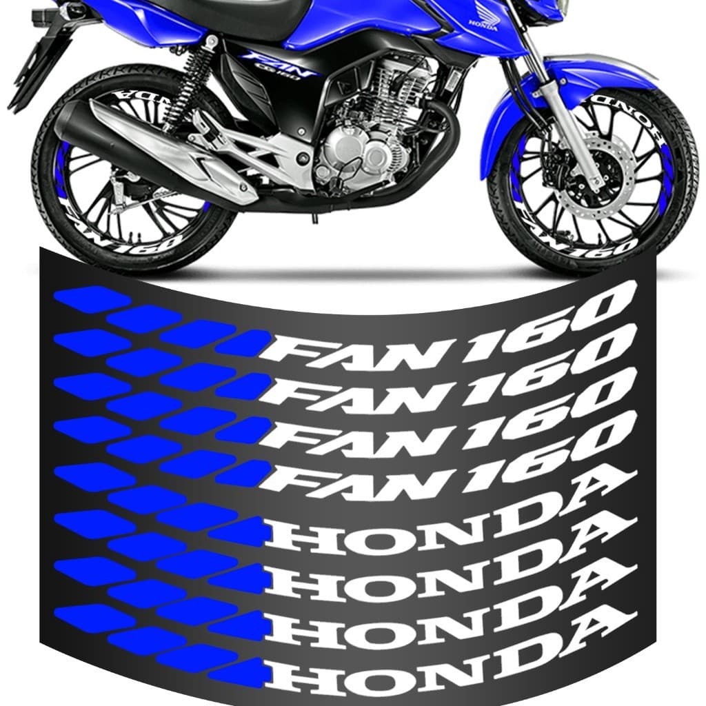 Kit 8 Adesivo Roda Autocolante Fan 160 Grande Para Moto Branco e Azul Vinil Colante