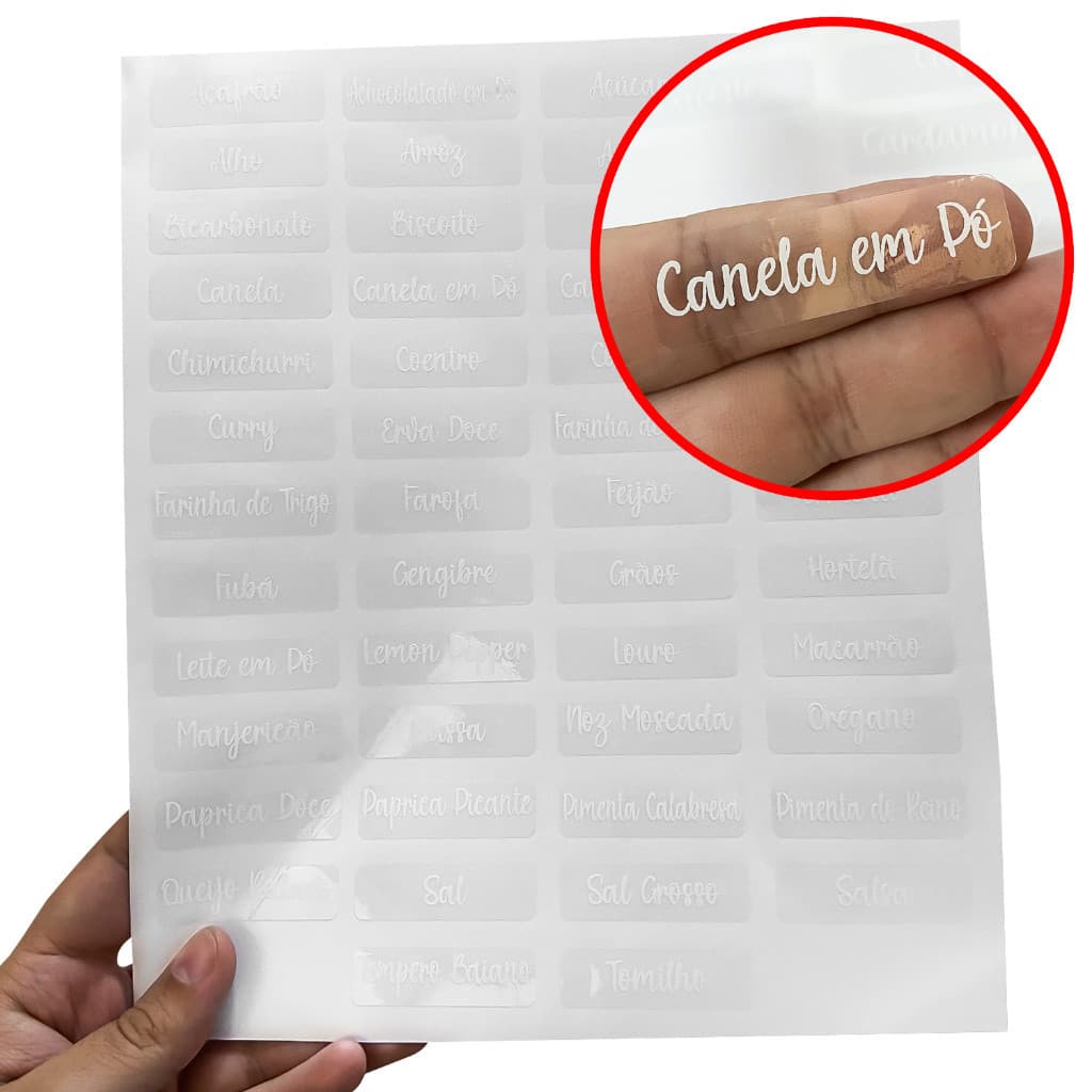 Kit 50 Adesivos Para Potes Organizadores Temperos Mantimentos Condimentos Fundo Transparente Escrita Branca Retangular 5x1,43cm