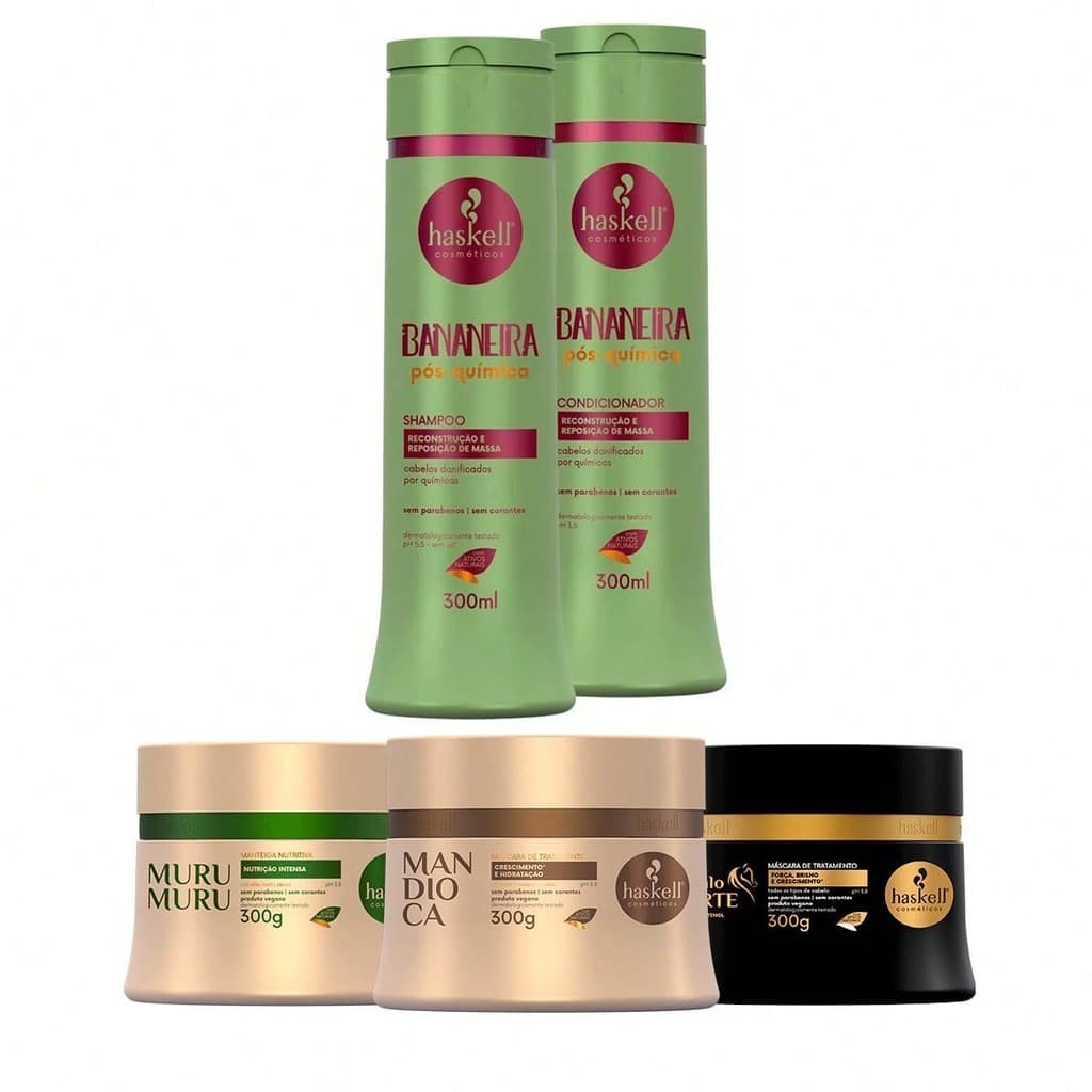 Kit Haskell Shampoo/Condicionador Bananeira 300ml + Cronograma Capilar Mandioca Murumuru Cavalo Forte 300g