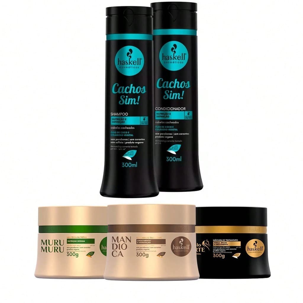 Kit Haskell Shampoo/Condicionador Cachos Sim 300ml + Cronograma Capilar Mandioca Murumuru Cavalo Forte 300g