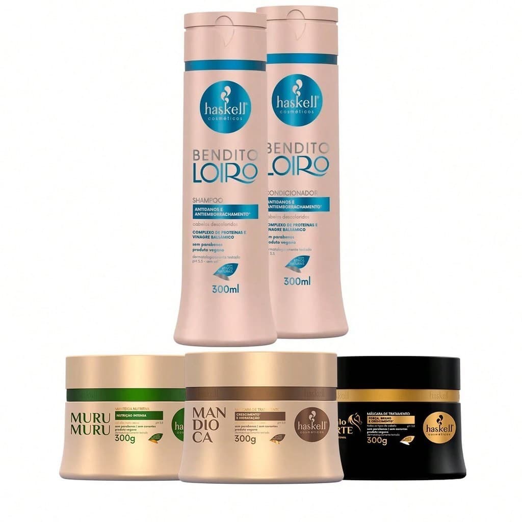 Kit Haskell Shampoo/Condicionador Bendito Loiro 300ml + Cronograma Capilar Mandioca Murumuru Cavalo Forte 300g