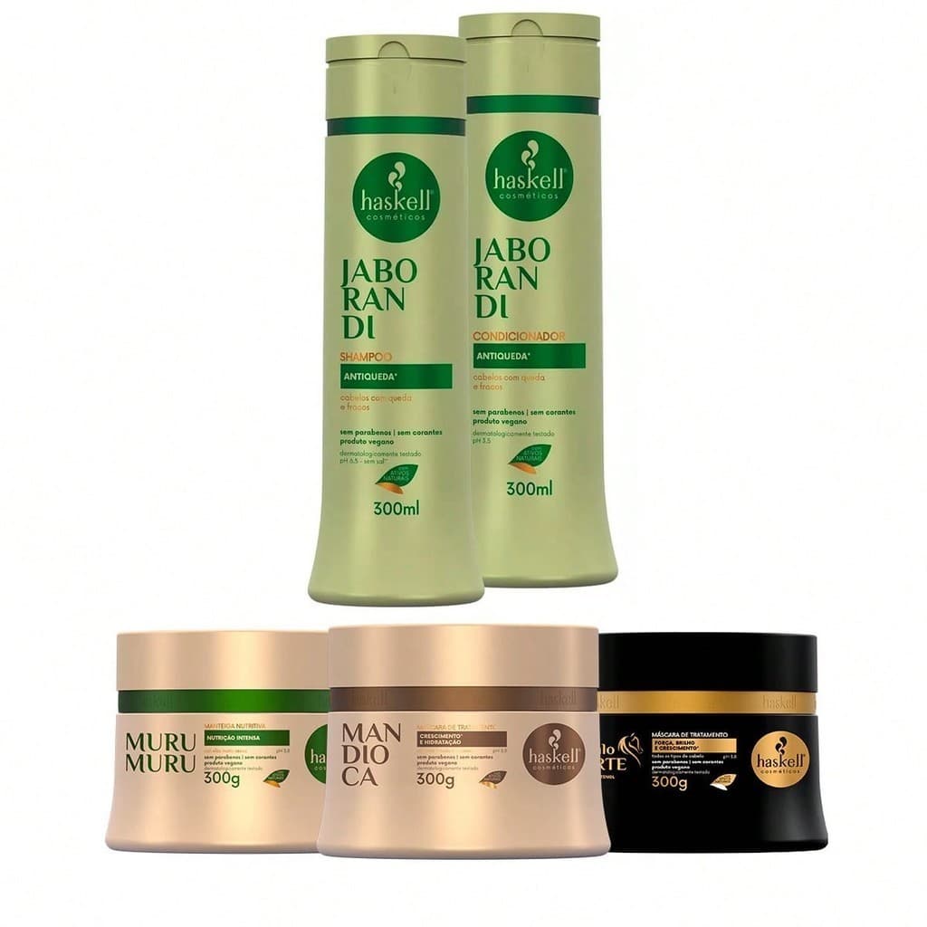 Kit Haskell Shampoo/Condicionador Jaborandi 300ml + Cronograma Capilar Mandioca Murumuru Cavalo Forte 300g