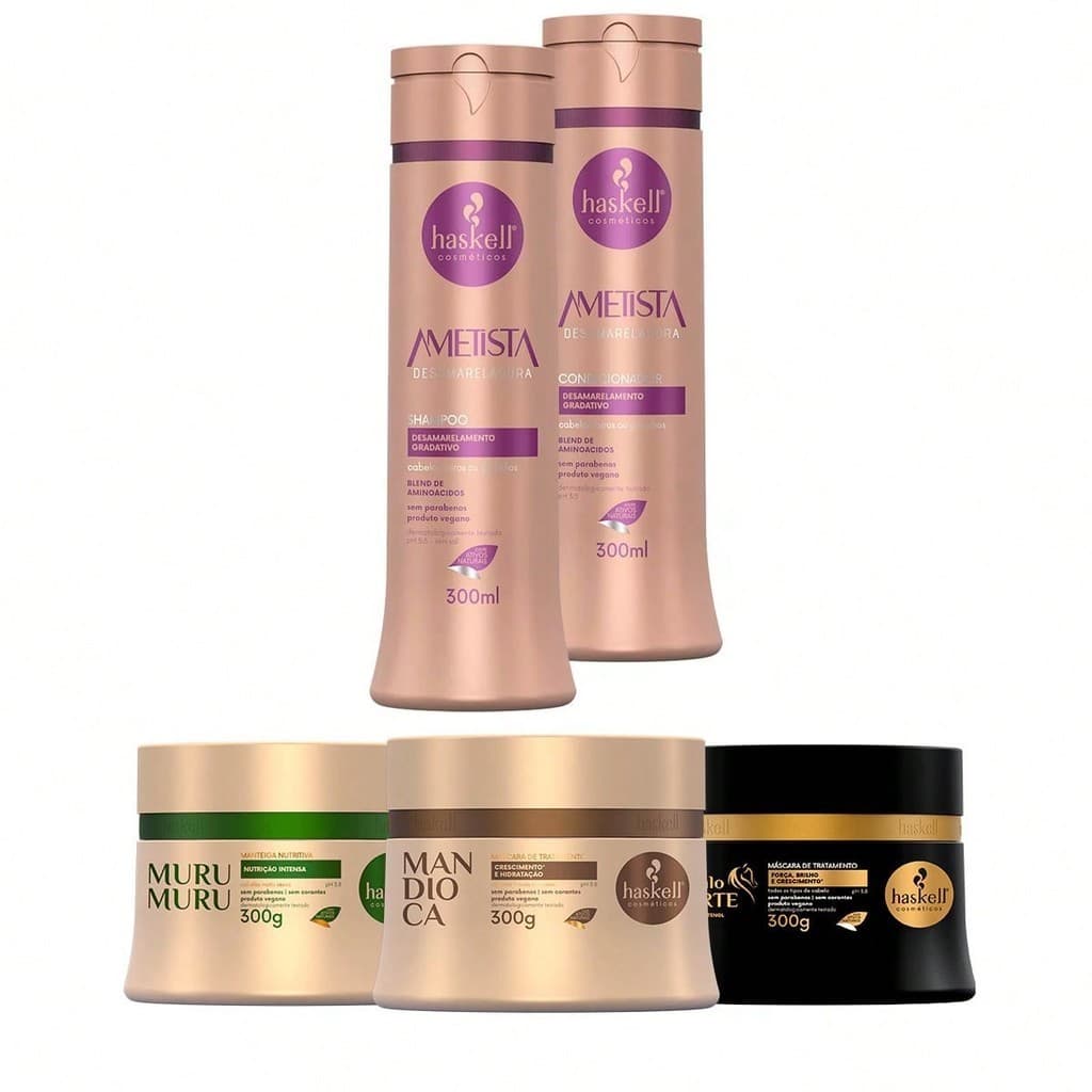 Kit Haskell Shampoo/Condicionador Ametista 300ml + Cronograma Capilar Mandioca Murumuru Cavalo Forte 300g