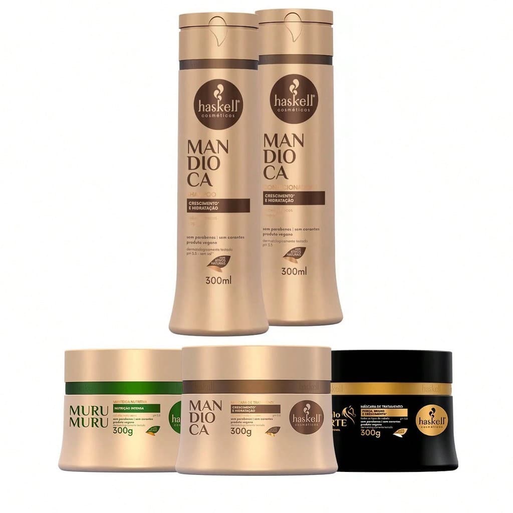 Kit Haskell Shampoo/Condicionador Mandioca 300ml + Cronograma Capilar Mandioca Murumuru Cavalo Forte 300g