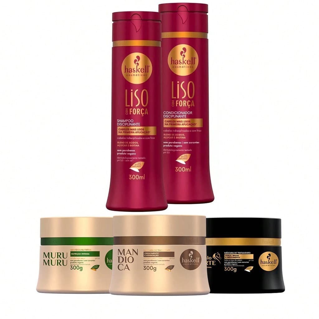 Kit Haskell Shampoo/Condicionador Liso com Força 300ml + Cronograma Capilar Mandioca Murumuru Cavalo Forte 300g
