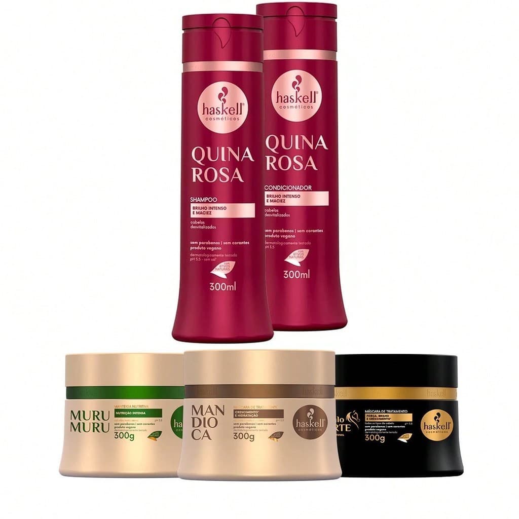 Kit Haskell Shampoo/Condicionador Quina Rosa 300ml + Cronograma Capilar Mandioca Murumuru Cavalo Forte 300g