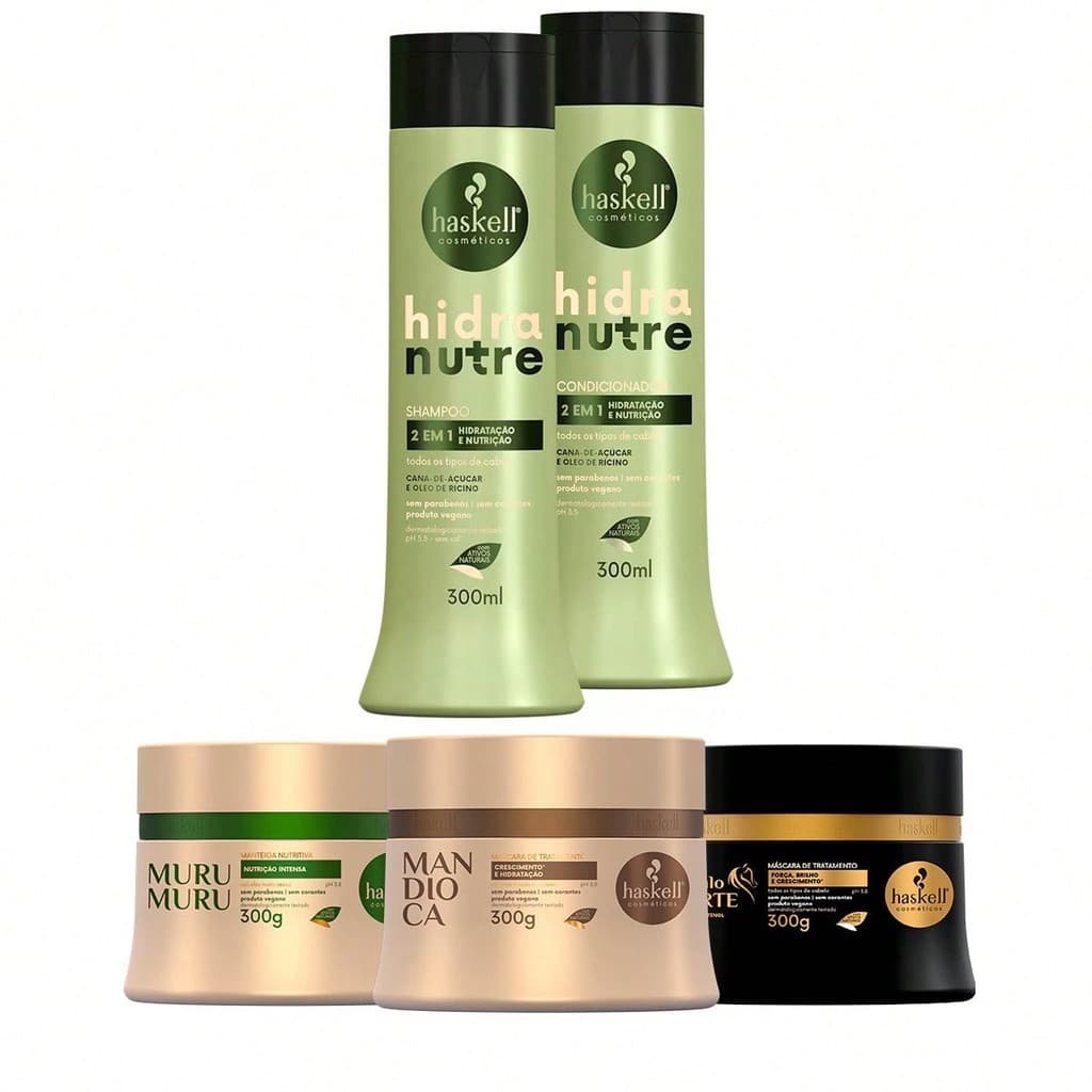 Kit Haskell Shampoo/Condicionador Hidranutre 300ml + Cronograma Capilar Mandioca Murumuru Cavalo Forte 300g