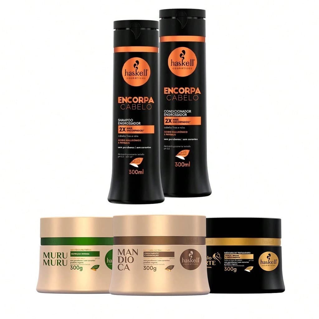 Kit Haskell Shampoo/Condicionador Encorpa Cabelo 300ml + Cronograma Capilar Mandioca Murumuru Cavalo Forte 300g