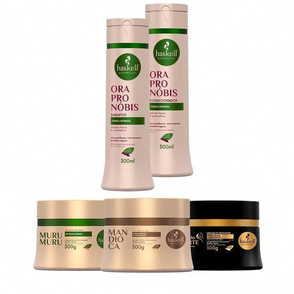 Kit Haskell Shampoo/Condicionador Ora Pro Nobis 300ml + Cronograma Capilar Mandioca Murumuru Cavalo Forte 300g