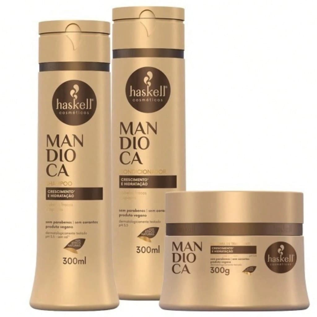 Kit Mandioca Haskell Shampoo, Condicionador, Máscara 300g - Crescimento e Hidratação