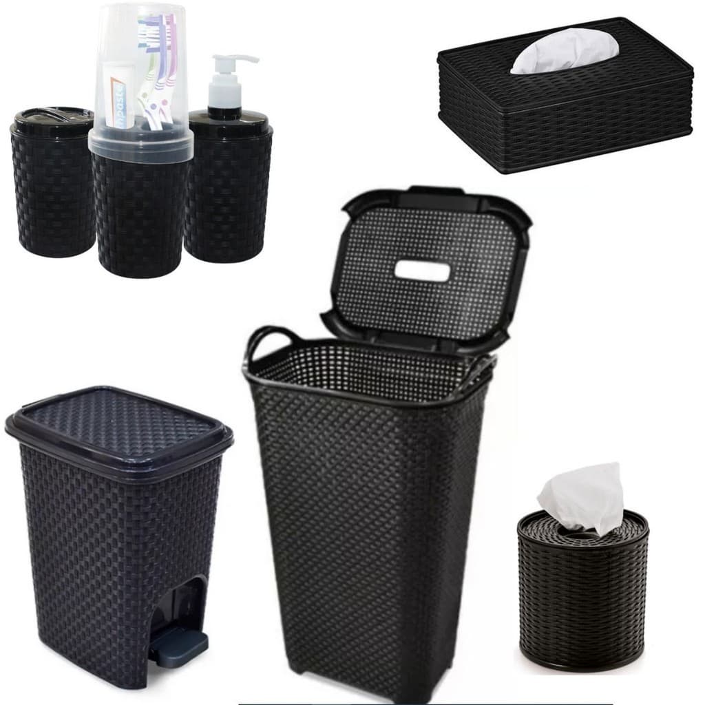Kit Banheiro 7 Peças Cesto de Roupa 50L Rattan + Lixeira Pedal 7 Litros + Porta Detergente e Sabão Liquido + Porta Escova + Porta Cotonete Algodão + Porta Lenços + Porta Papel Higienico