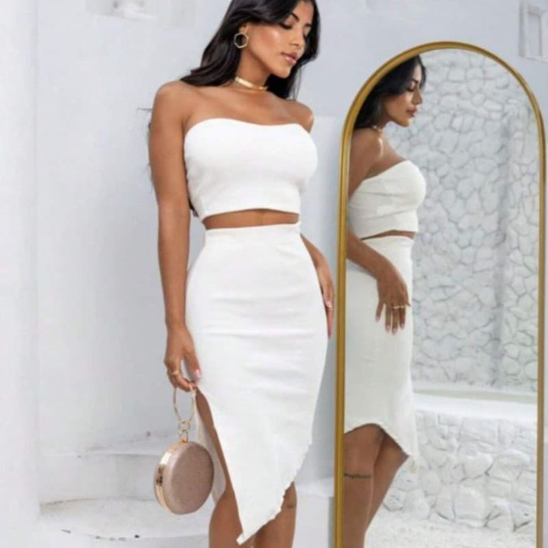 Conjunto Saia Midi Com Fenda E Cropped