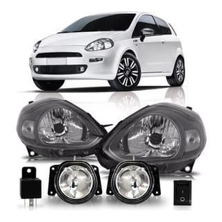 Kit Punto 2012 2013 2014 Farol Máscara Cinza + Kit Farol Milha Auxiliar Botão Universal