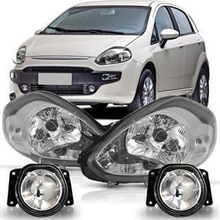 Kit Punto 2012 2013 2014 Par Farol Máscara Cromada + Kit Farol De Milha Auxiliar + Botão Universal