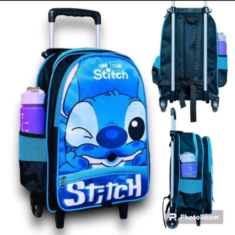 Mochila Escolar Infantil Grande Com Rodinha Stitch Azul Menino