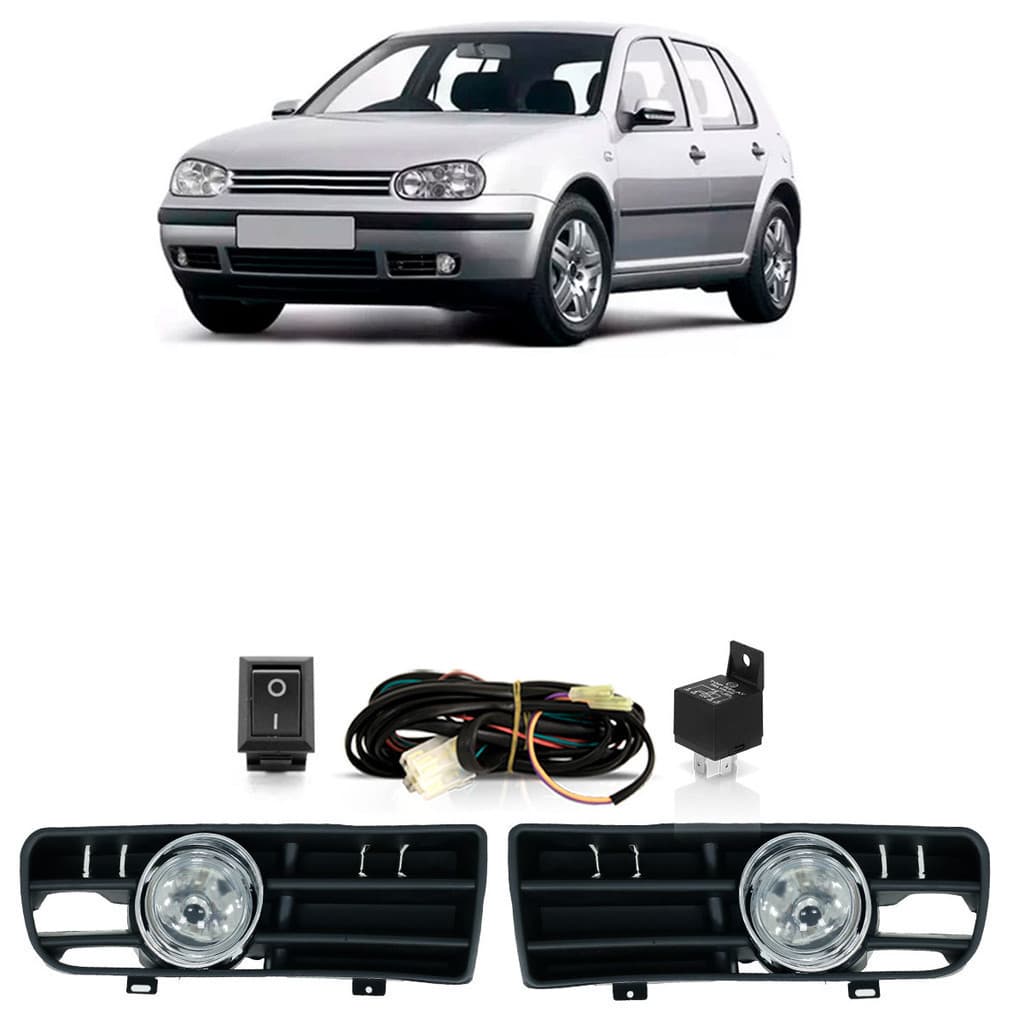 Kit Par Farol De Milha Auxiliar Golf 1999 a 2006 + Par Grade Do Milha Com Aro Cromado Completo