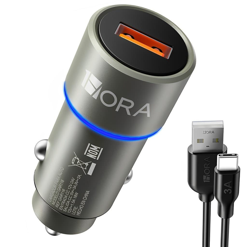 Carregador Veicular Carro 1Hora 3A+Cabo Usb Tipo C Preto