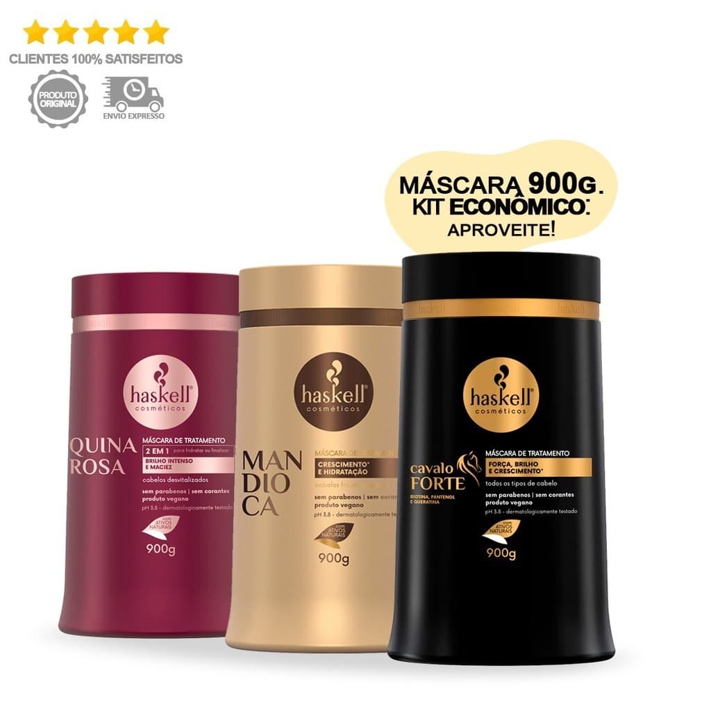 Kit Haskell Máscaras Cavalo Forte Mandioca Quina Rosa 900g