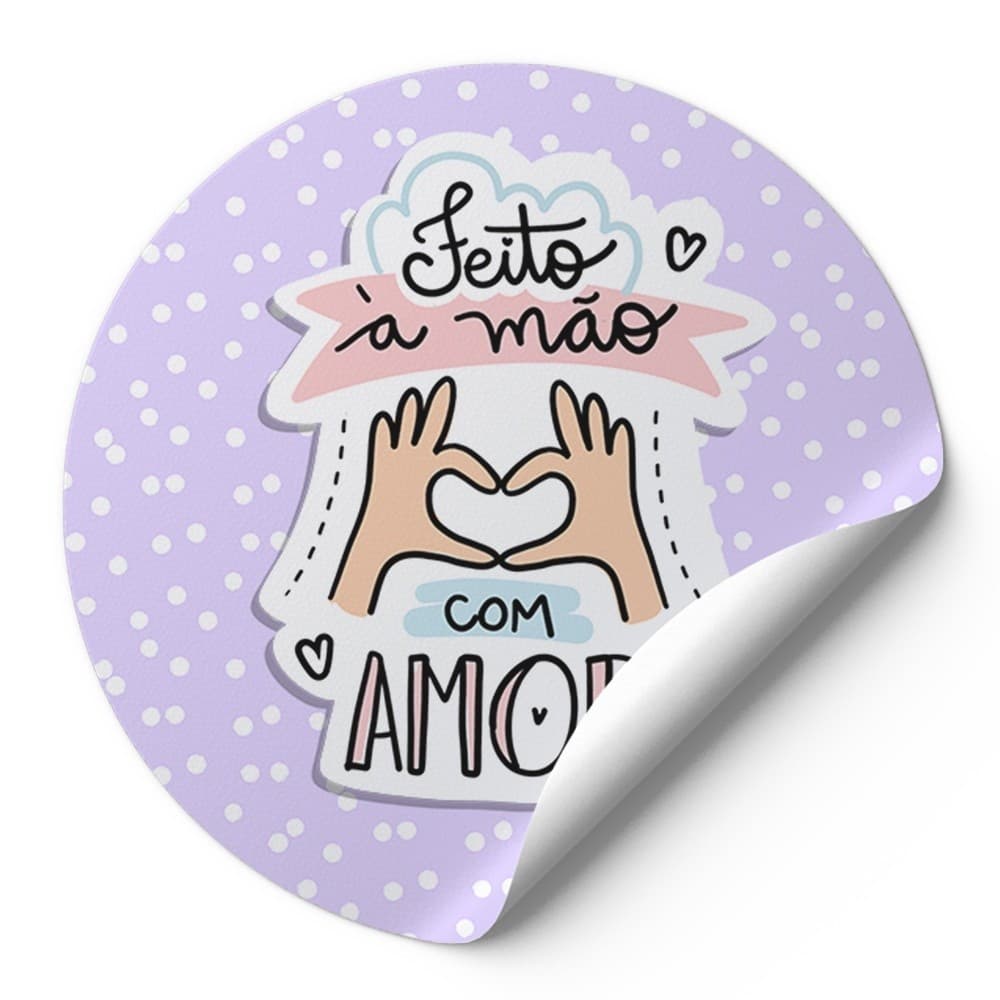 72 Adesivo Decorativo 4Cm Rotulos Autocolante Feito A Mão Com Amor Roxo Bolinhas Brancas