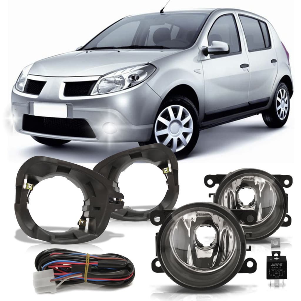 Kit Par Farol de Milha Auxiliar Sandero 2007 2008 2009 2010 + Par Suporte do Milha Botão Universal