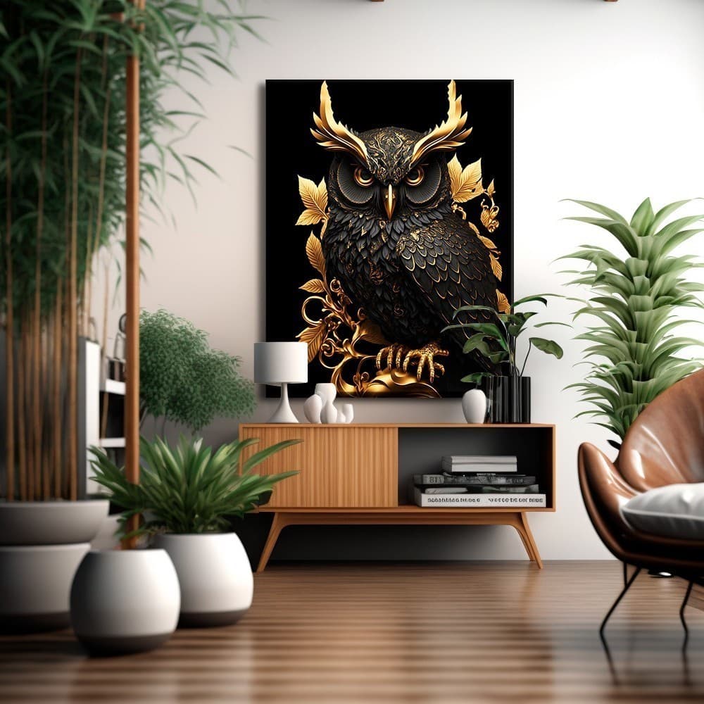 Quadro Decorativo 120x80cm Coruja Preta e Dourada Borda Infinita Luxo Casa Decoração De Parede Mdf Adesivo Sala Quarto